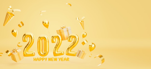 3d render of Happy new year 2022 gold balloons decoration with christmas ball,golden confetti