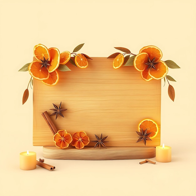 3D Render of Hawaiian Blank Wooden Sign Board Dried Oranges Cinnamon Sticks Star Anise Led Candles W