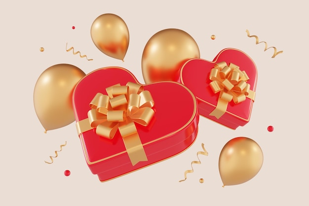 3d render heart red shaped box with a gold ribbon and a gold bow with gold balloons