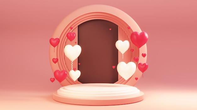 3D Render Heart Shape Balloons Decorated Circular Frame And Podium Space For Image or Text