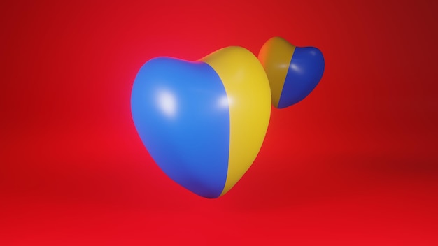 3D render heart shaped with national flag of Ukraine on red background