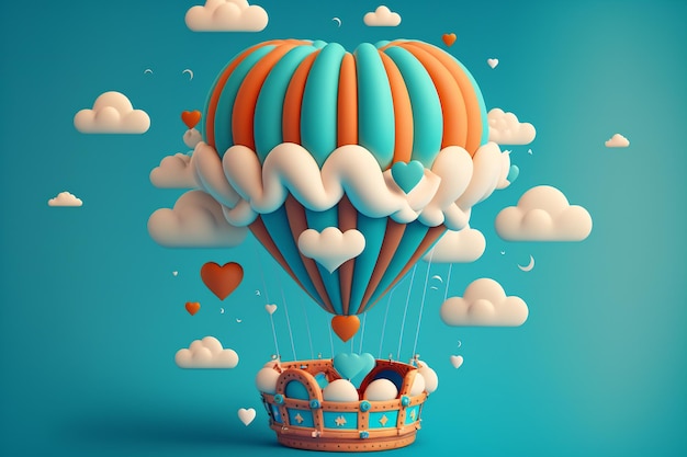 3d render hearts, clouds, flying hot air balloon, romantic background