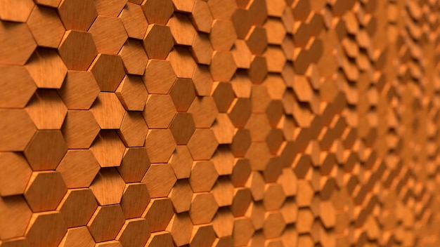 3d render hexagons wood wall at an angle focus on the near side and blur the far side