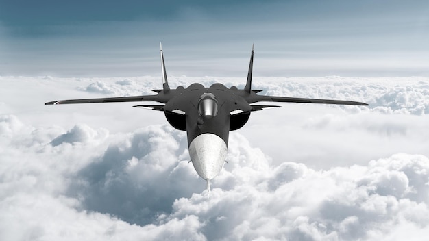 3d render A highspeed fighter jet flies directly into the frame the wingspan is visible a cloudy sky war aviation an airstrike