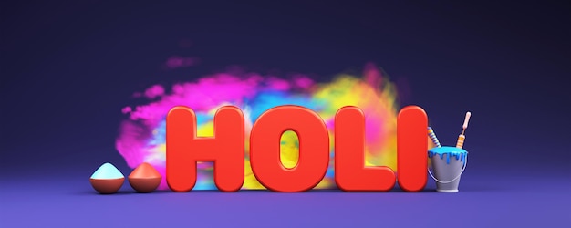 3D Render Holi Text With Color Bowls Water Guns Pichkari In Paint Bucket And Color Powder Gulal Splash On Blue Background Banner Or Header Design