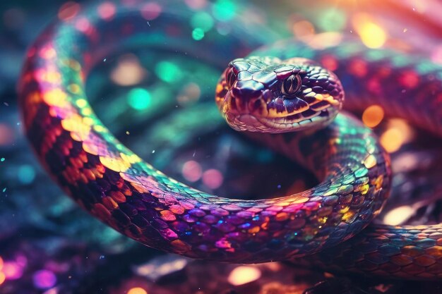 Photo 3d render holographic chrome y2k element liquid chrome shiny colorful snake with a rainbow pattern