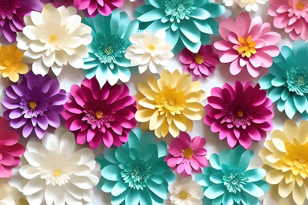 3d render, horizontal floral pattern. Abstract cut paper flowers isolated