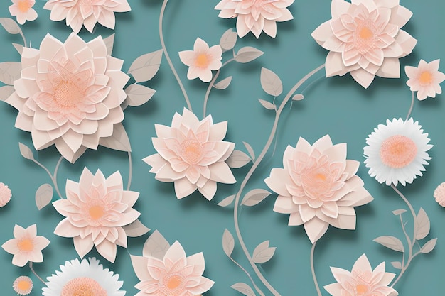 3d render, horizontal floral pattern. Abstract cut paper flowers isolated