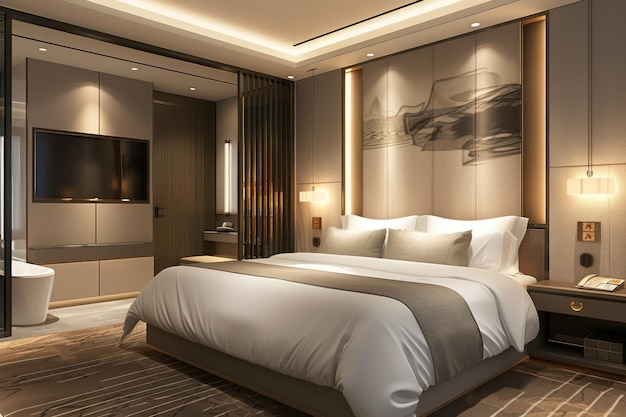 3d render of hotel room bedroom