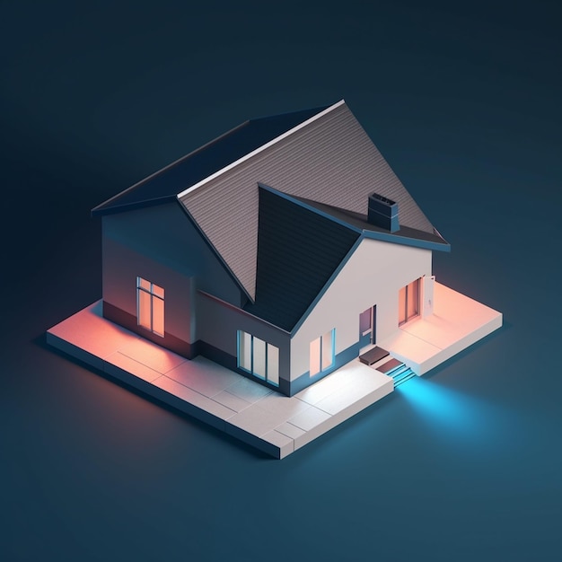 3d render of house in isometric projection on blue background