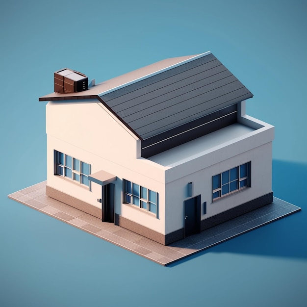 3d render of house in isometric projection on blue background