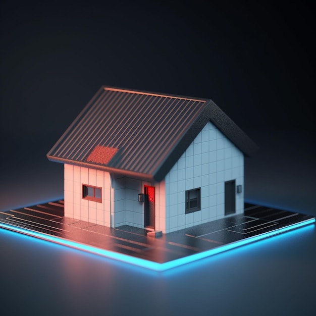 3d render of house in isometric projection on blue background