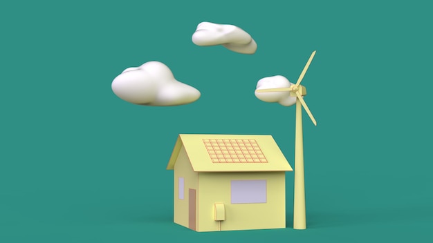 3d render of a house with clouds and a wind turbine