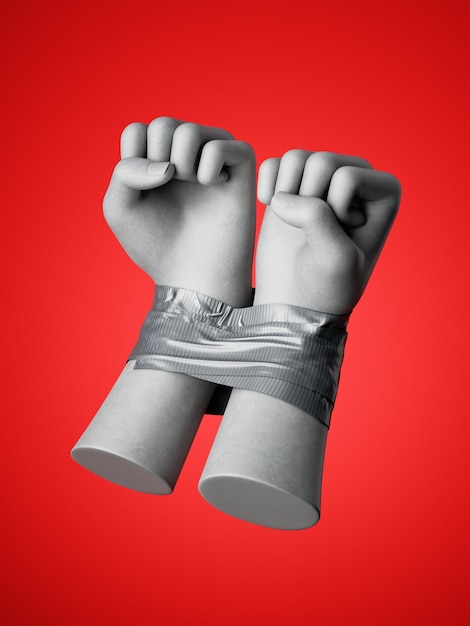 3d render human hands tied with tape isolated on red background