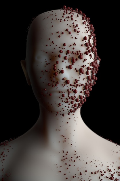 3d render human head and top of body with cloned reflective spheres that symbolyze infection of damage.