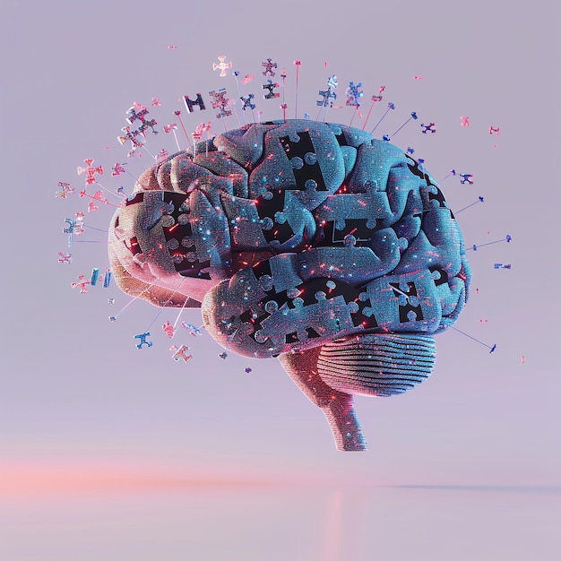 3D render icon 8K 3D model of a brain with puzzle pieces forming a network showcasing anatomy agile 3D