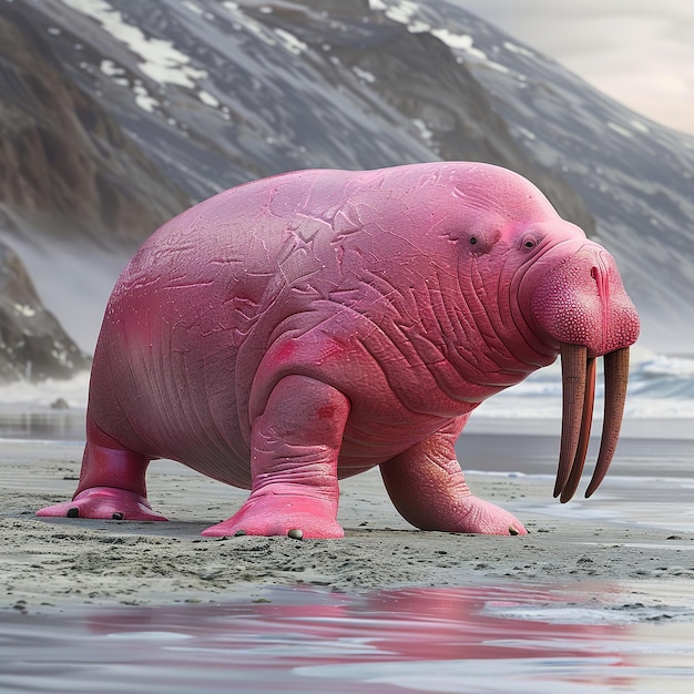 3D render icon A giant pink walrus walking on a beach icon 3d render