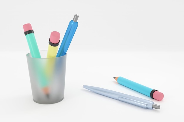 3D render Illustration of Assorted School Supplies blue pencil and pen in glass on white background