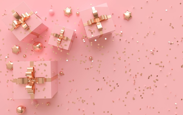 3d render illustration card with pink golden xmas balls stars gift box ornaments confetti