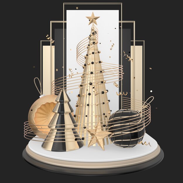 3d render illustration of  composition with Christmas tree stars and balls