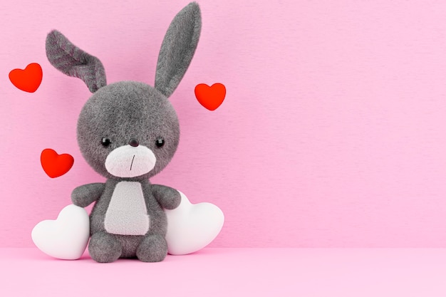 3d render illustration of cute rabbit toy model on pink background