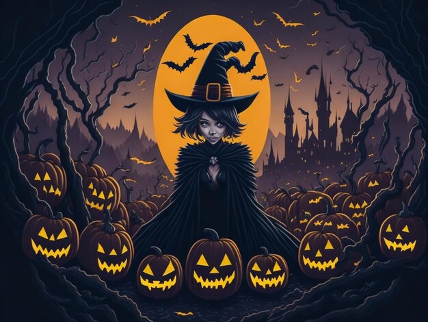 3d render illustration digital painting halloween carved pumpkins bats around the witch in the middl