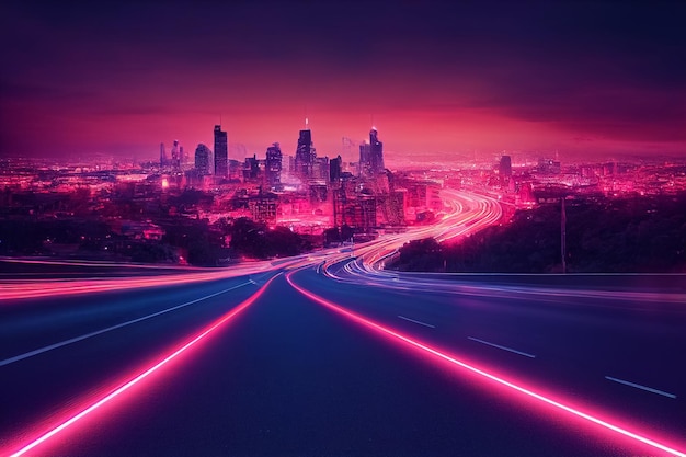 3d render illustration of night futuristic city with neon lignts and road