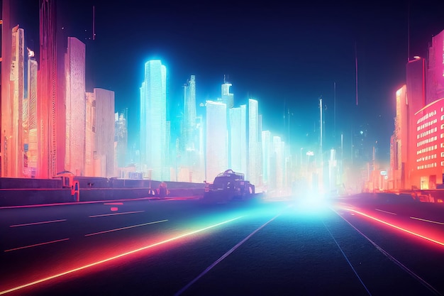 3d render illustration of night futuristic city with neon lignts and road