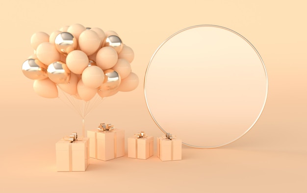 3d render illustration of realistic balloons present box and frame for text