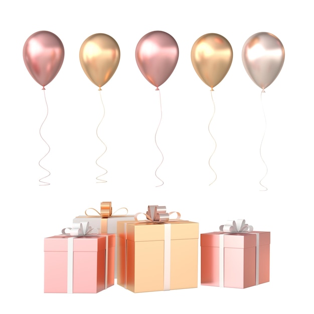 3d render illustration of realistic colorful balloons and gift box with ribbon bow isolated on white