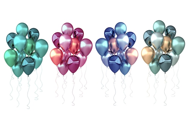 3d render illustration of realistic glossy green blue purple colored balloons isolated on white