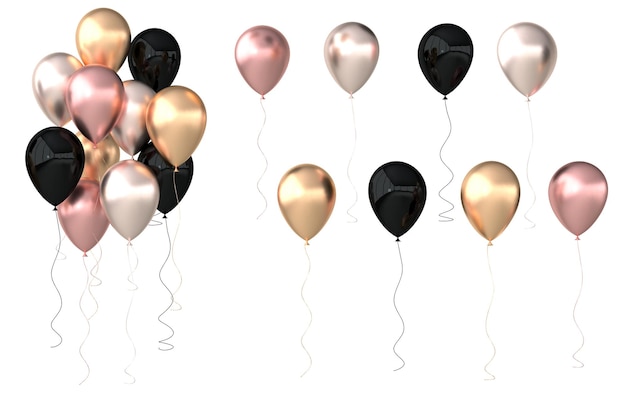 3d render illustration of realistic glossy pink golden silver black balloons isolated on white