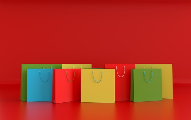 3D render illustration Set of paper shopping bags on red background