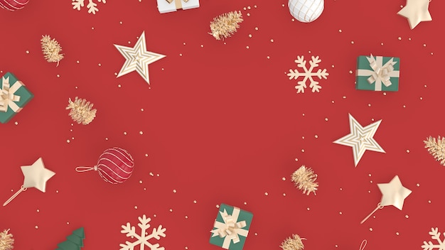 3d render illustration Stars snowflakes cone gift and Christmas toy on red background