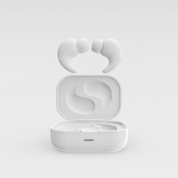 3d render illustration of wireless earphones with case Modern trendy design White color