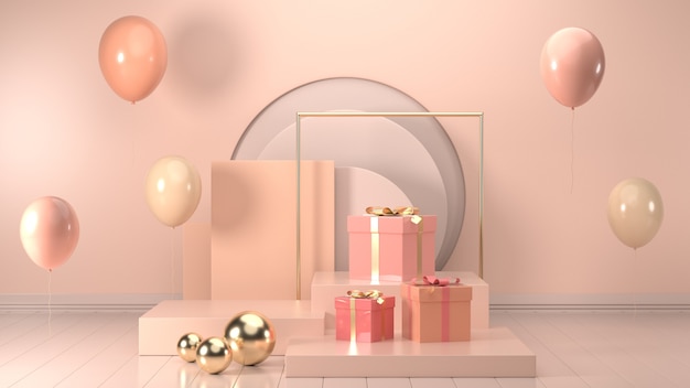 3d render image of christmas gift box decorate on podium pink pastel color.