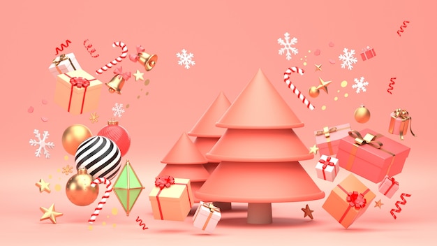 3d render image of christmas tree design for christmas holiday decorate by ornament geometric shape and giftbox.