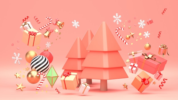 3d render image of christmas tree design for christmas holiday decorate by ornament geometric shape and giftbox.