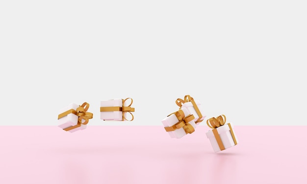 3D render image illustration of White gift box golden ribbon for celebration on special day Happy Holiday decoration surprise card Concept give packing Love idea Wedding modern luxury pink pastel