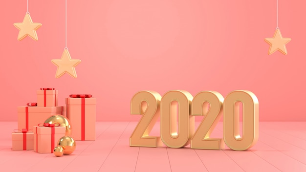 3d render image of text 2020 and minimal giftbox