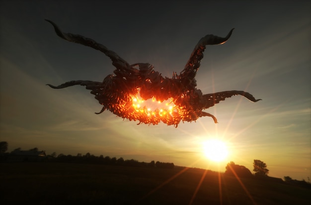 Photo 3d render image of ufo hovering over field