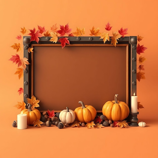 3D Render of Industrial Blank Metal Sign Board Pumpkins Maple Leav Inspired Floral Decorationse