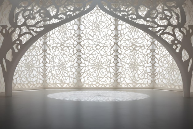 3d render of interior room with arabic pattern on wall