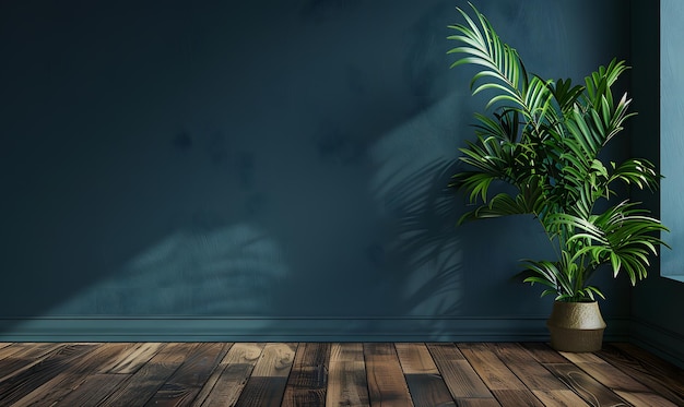 3d render of interior room with blue wall and green plant