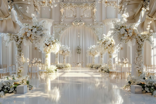 3d render of interior of a wedding hall decorated with white flowers