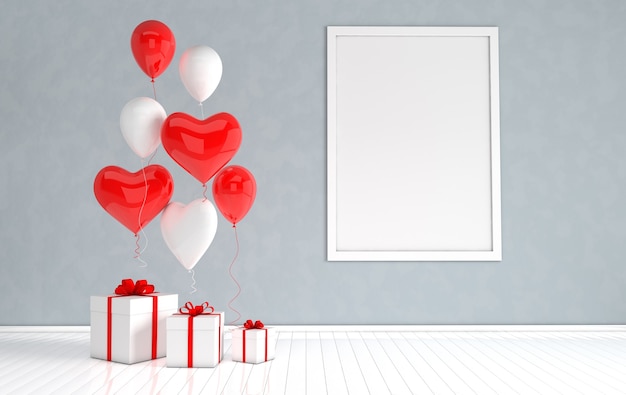 3d render interior with realistic balloons, mock up poster frame, gift box in the room