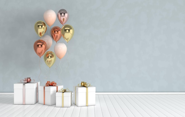 3d render interior with realistic glossy golden metallic and colorful balloons and gift box