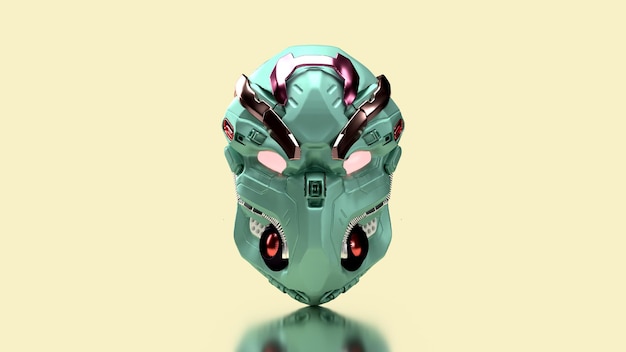 3d render iron robot mask green color with reflect isolated in yellow background