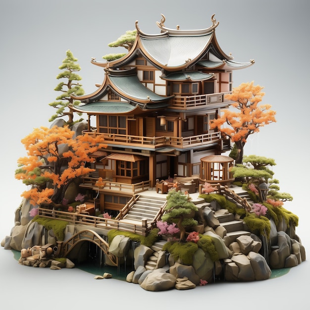 3D render of japanese temple in miniature style on gray background