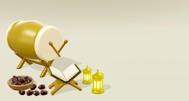 3d Render Jug Dates and Bedug Drum and Arabic Lantern on Left Position and Beige color Background